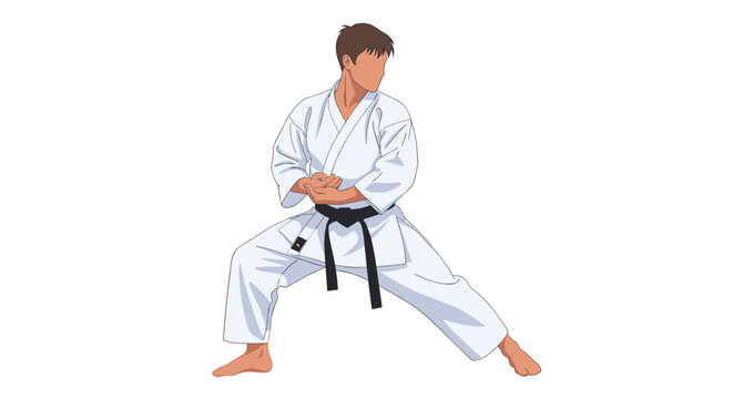 Martial arts expert in a white gi and black belt performing a powerful karate stance or kata move in illustration.