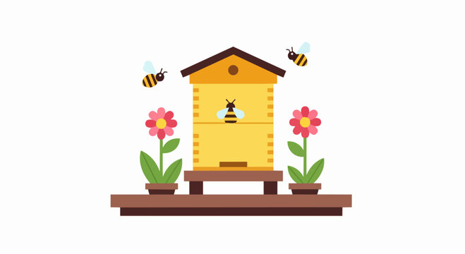 Flat Vector Illustration of a Wooden Beehive with Honey Bees and Flowers