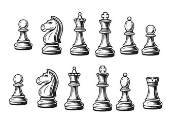 Chess piece collection line art. Engraving style king queen bishop rook knight and pawn set. © Sadhana