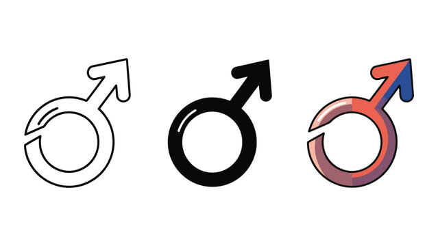 Male gender symbol set in outline silhouette and colored vector styles