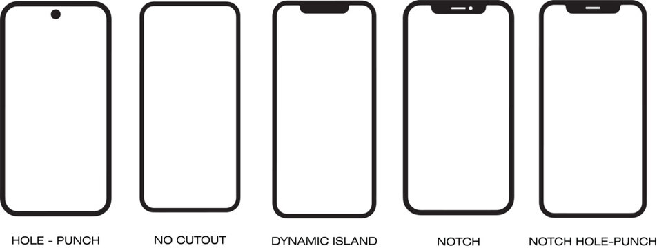 Smartphone frame mockup vector set with different notch styles and bezel designs including modern mobile screen outline template for UI UX and app.Vector illustrator.