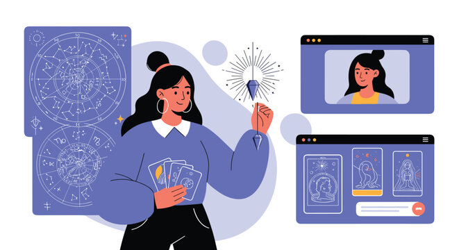 Professional fortune teller conducts online tarot reading session with cards and crystal pendulum on computer screen.