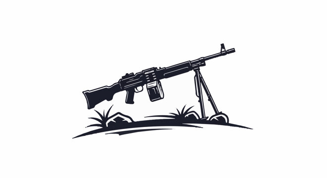 Stylized illustration of a machine gun mounted on a bipod on uneven ground