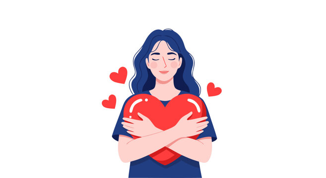 Self-love vector illustration a woman with eyes closed embracing a large red heart with floating hearts around her