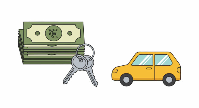Stack of euro currency notes and car keys next to a yellow automobile