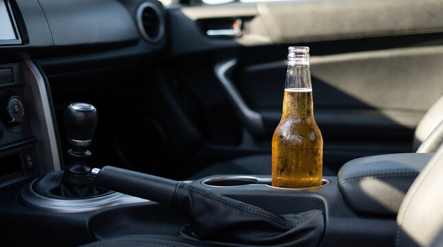 Beer bottle in car cup holder. Alcohol driving and safety concept. Risk of drinking while operating vehicle. Illegal behavior on road and traffic violation by intoxicated driver.