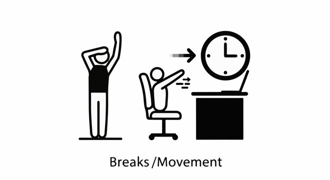 Stick figures stretching and moving near a desk with a clock and laptop