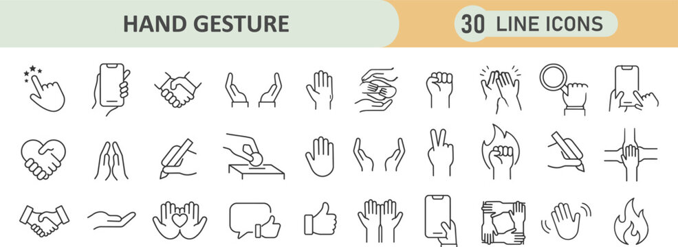 Collection of 30 hand gesture thin line icons with communication interaction language interface expression graphics minimalist pictogram navigation business collection multitouch