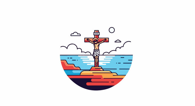 Stylized depiction of crucifixion on a rocky island in the sea