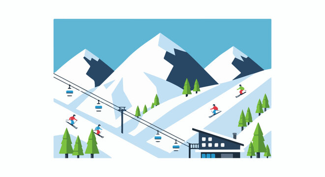 Snowy mountains with skiers, cable cars and trees