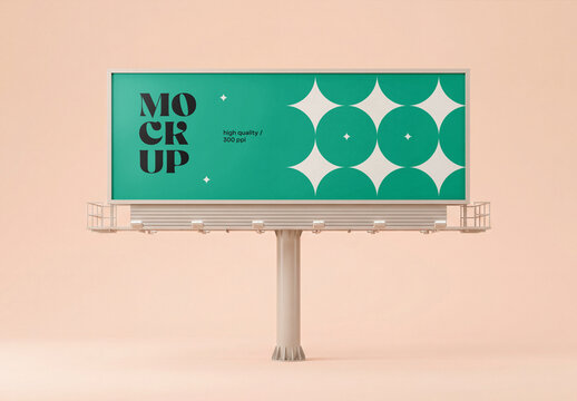Front view of a horizontal large outdoor megaboard billboard mockup on a metal pole isolated on a solid pastel beige background
