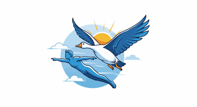 Stylized blue human and goose flying near sun and clouds