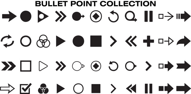 Bullet List for PowerPoint Presentation, Bullet point collection, arrows set vector illustration. Bullet points arrow collection. Vector illustration. Bullet point collection for presentation.