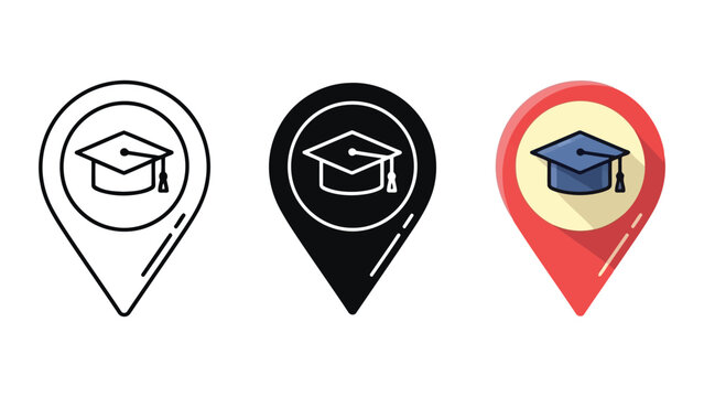 Education location pin vector icons set with graduation cap symbol