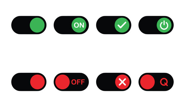 On off toggle switch vector flat icon set. Red and green slider buttons, power symbols, checkmarks, cross labels, settings options and user interface control elements.