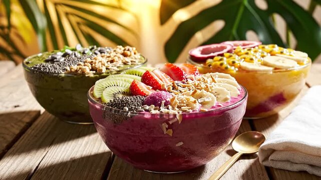 Three vibrant tropical smoothie bowls featuring dragon fruit, matcha, and mango bases topped with fresh fruit, granola, and seeds on a wooden table with palm leaf shadows.