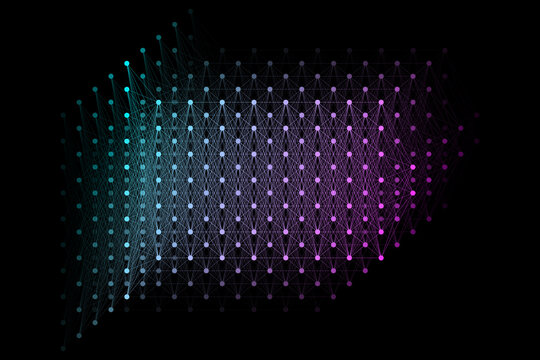 3D illustration of a glowing neural network structure on a black background. Artificial intelligence concept showing input, output, hidden layers, nodes, and data connections.