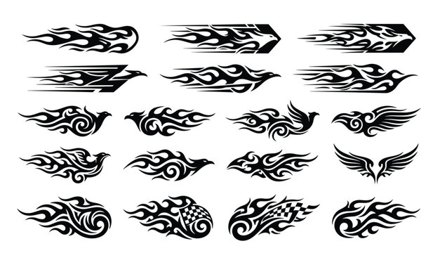 Tribal fire flame vector silhouette icon set. Black racing vinyl stickers, flying eagle wings, hot rod speed emblems, checkered flags, motorcycle decals and abstract tribal tattoo elements.