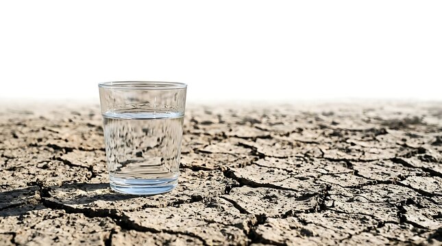 Glass of fresh water on cracked dry earth in a parched desert