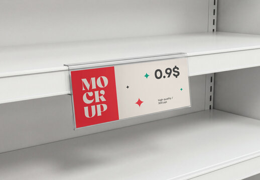 Close-up perspective view of a supermarket shelf price tag mockup in a clear plastic holder on an empty white store shelf