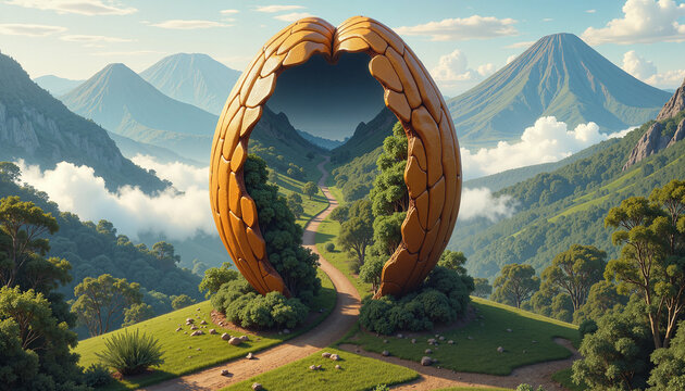 Scenic view of golden egg-shaped structure opening to lush landscape, mountains in background, concept of paradise, adventure, and Indonesian tourism.