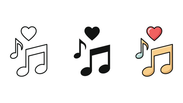 Music note and heart symbol vector illustration set