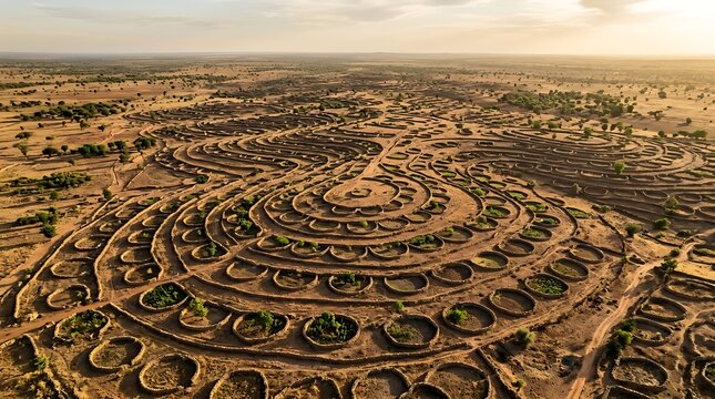 Aerial view of reforestation patterns in a dry landscape