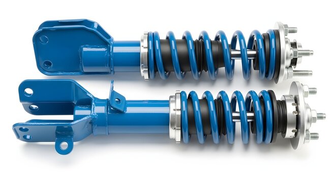 Pair of blue metal automotive shock absorber coilover suspension system.