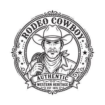 Vintage rodeo cowboy emblem with lasso and western heritage typography