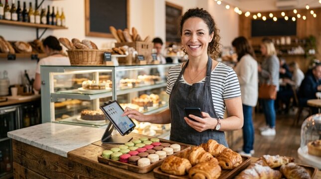 Bakery owner smiling at counter with pastries and digital register