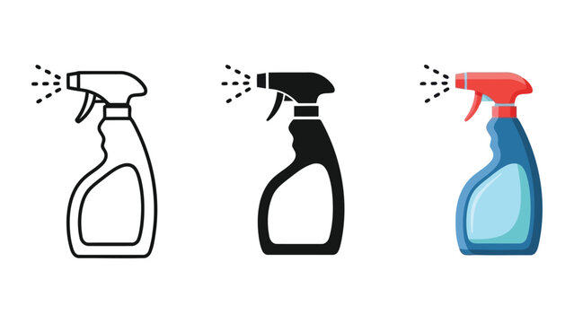 Spray bottle icon set in outline silhouette and flat color styles