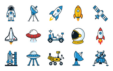 Space exploration vector line icon set. Astronaut cosmonaut, rocket launch ships, satellite dishes, lunar rovers, astronaut helmet, ufo saucers and spaceship flat templates. © Creative Studio 
