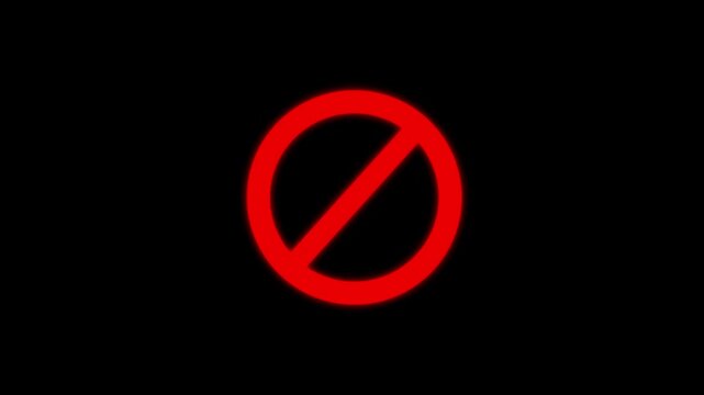 Warning, stop or no entry forbidden red circle and line symbol on a black background. International prohibition mark. Animation for stop or no entry concept .
