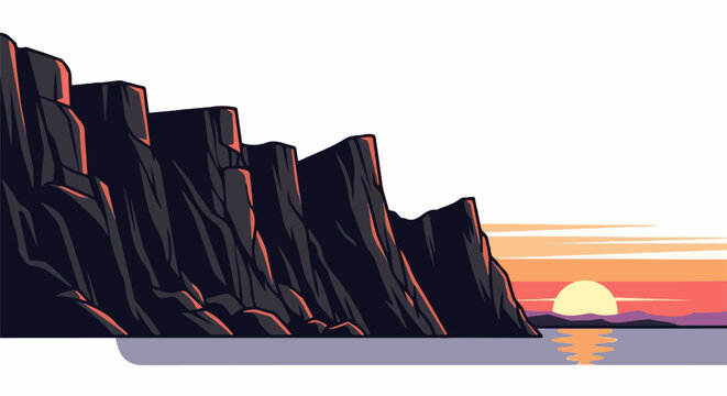 Stylized coastal cliffs at sunset with calm water reflection