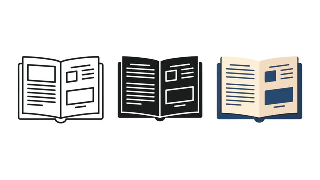Open book icon set in line art silhouette and flat vector design