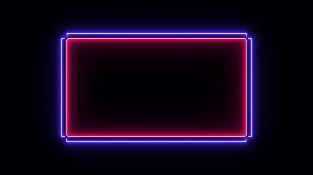Pulsing neon blue and red light lines outlining the frame animation. Neon border shape frame animated backdrop for text animation on black background.