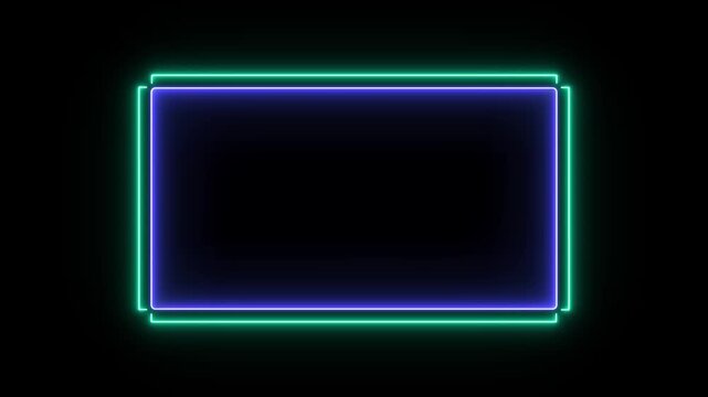 Pulsing neon cyan and blue light lines outlining the frame animation. Neon border shape frame animated backdrop for text animation on black background.