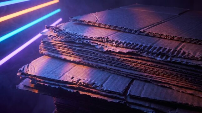 Neon Corrugated Cardboard Texture, glowing paper layers with dramatic side lighting, abstract material background
