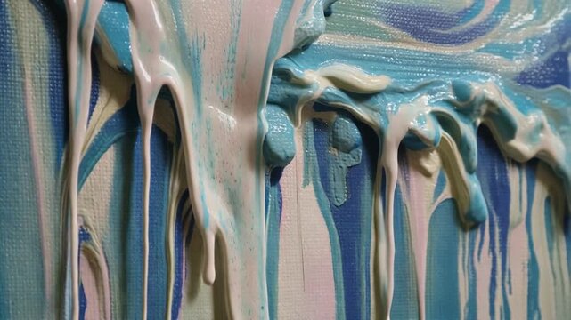 slow motion dripping liquid on colorful layered surface closeup