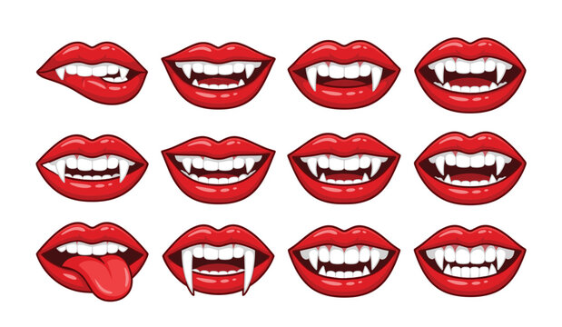 Vampire mouth with fangs vector icon set. Red lips featuring sharp teeth, biting gesture, sticking out tongue, spooky smiles and creepy halloween costume elements.