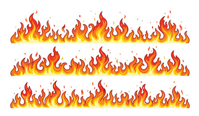 Fire flame border vector cartoon illustration set. Horizontal bonfire frames, hot orange flames, burning sparks, heat wave dividers and comic style blaze graphic elements. © Creative Studio 