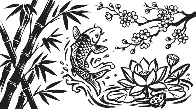Black and white koi fish, lotus flower, bamboo, and cherry blossom vector illustration