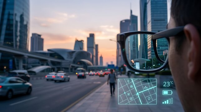 Augmented Reality Smart Glasses Overlaying City Navigation and Weather Data.