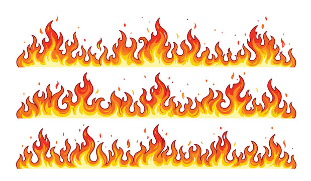 Fire flame border vector cartoon illustration set. Horizontal bonfire frames, hot orange flames, burning sparks, heat wave dividers and comic style blaze graphic elements.