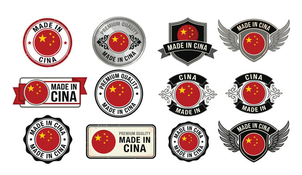 Made in China vector badge label set. Chinese flag shields, premium quality product seals, vintage industrial stickers, wings emblems and manufacturing country of origin graphics.