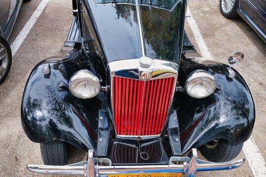 Raanana, Israel, March 16, 2024.Exhibition of vintage collectible cars, MG DT cabriolet, front view of an American classic car.