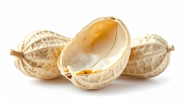 Open peanut shell with oily residue, two whole unshelled peanuts