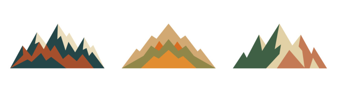 Mountain Landscape Vector Collection With Layered Geometric Peaks. Abstract Nature And Wilderness Mountain Range Illustrations. Outdoor Adventure Design Elements For Travel And Camping Projects