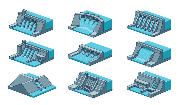 Hydroelectric dam vector isometric icon set. Water power stations, concrete reservoirs, spillways, green renewable energy facilities and industrial electricity infrastructure graphics.