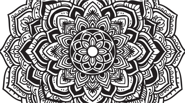 Intricate black and white mandala design, vector illustration, geometric pattern, coloring book page